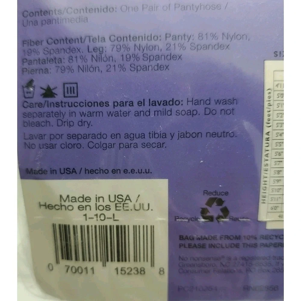 No Nonsense Support‎ Leg Pantyhose Control Top Sheer Toe Off Black Sz B USA Made
